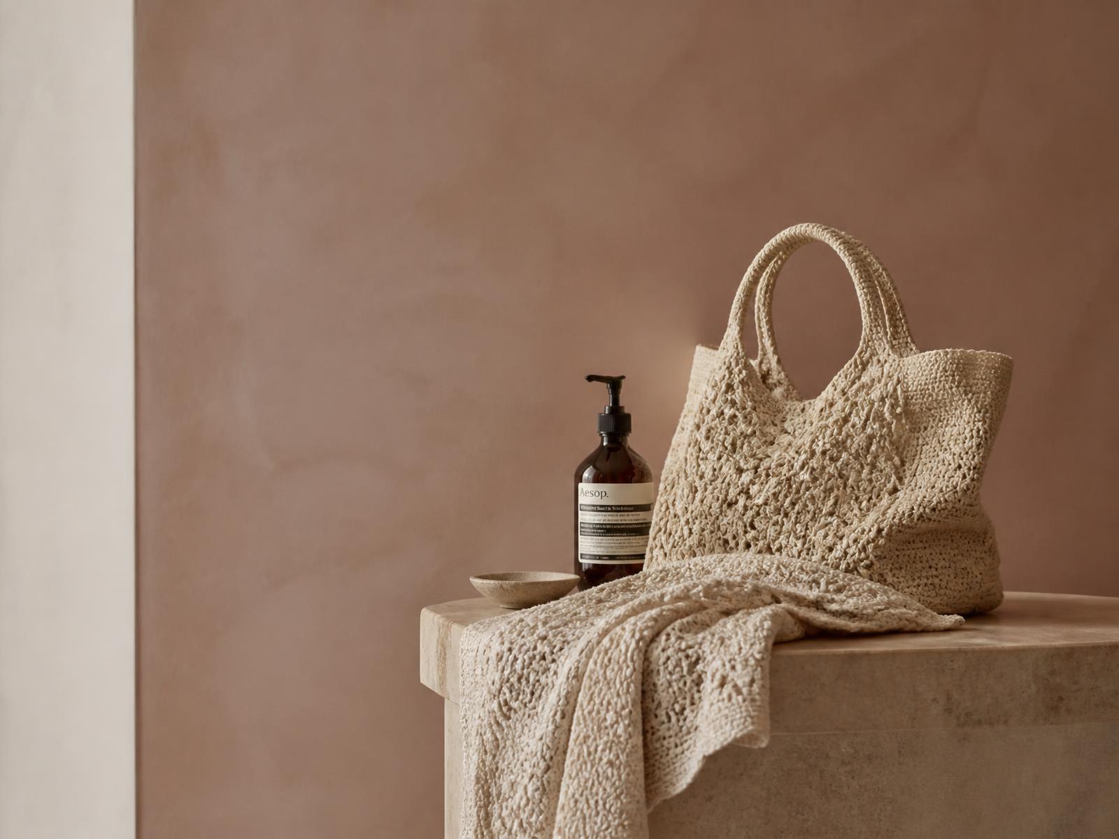 Cream crochet tote and throw styled on a warm stone plinth